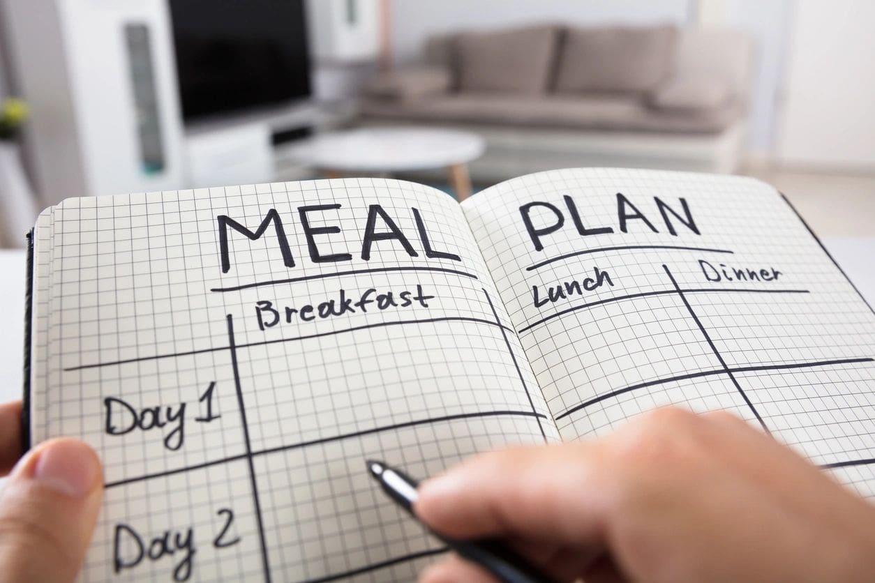 A person writing on the pages of a meal plan.